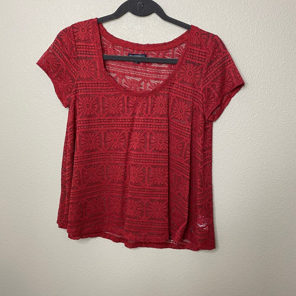 American Eagle Outfitters Red Lace Short Sleeve Scoop Neck Top Boho Womens Small